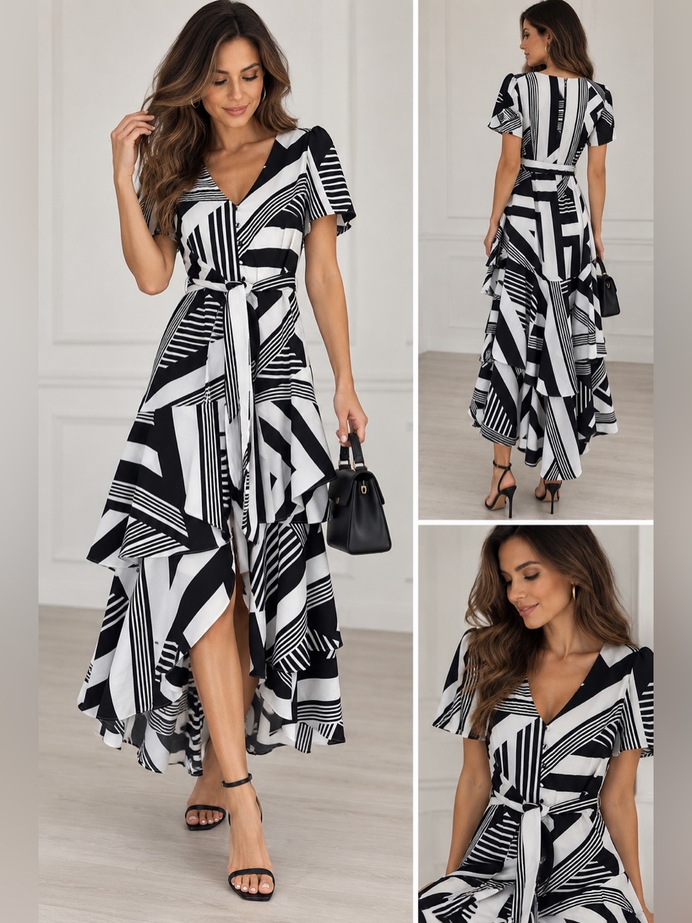 Karl Lagerfeld Paris Black White Geometric High Low Ruffle Maxi Dress